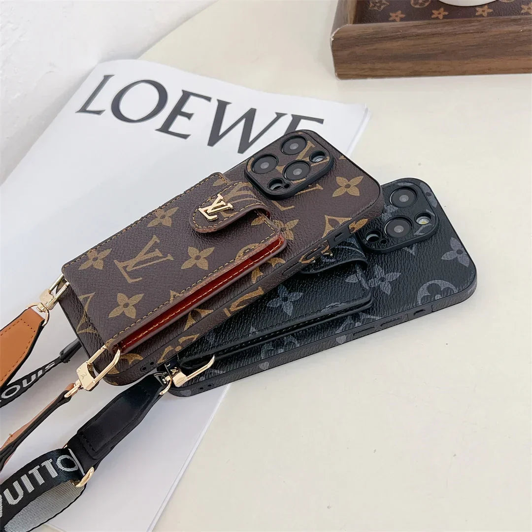 Monogram Canvas Leather Button Card Holder Crossbody iPhone Case