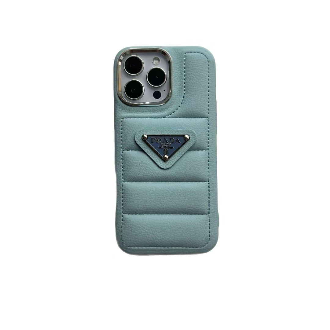 Prada Elegant Metal Monogram Diamond-Quilted Lambskim Leather Apple iPhone Case