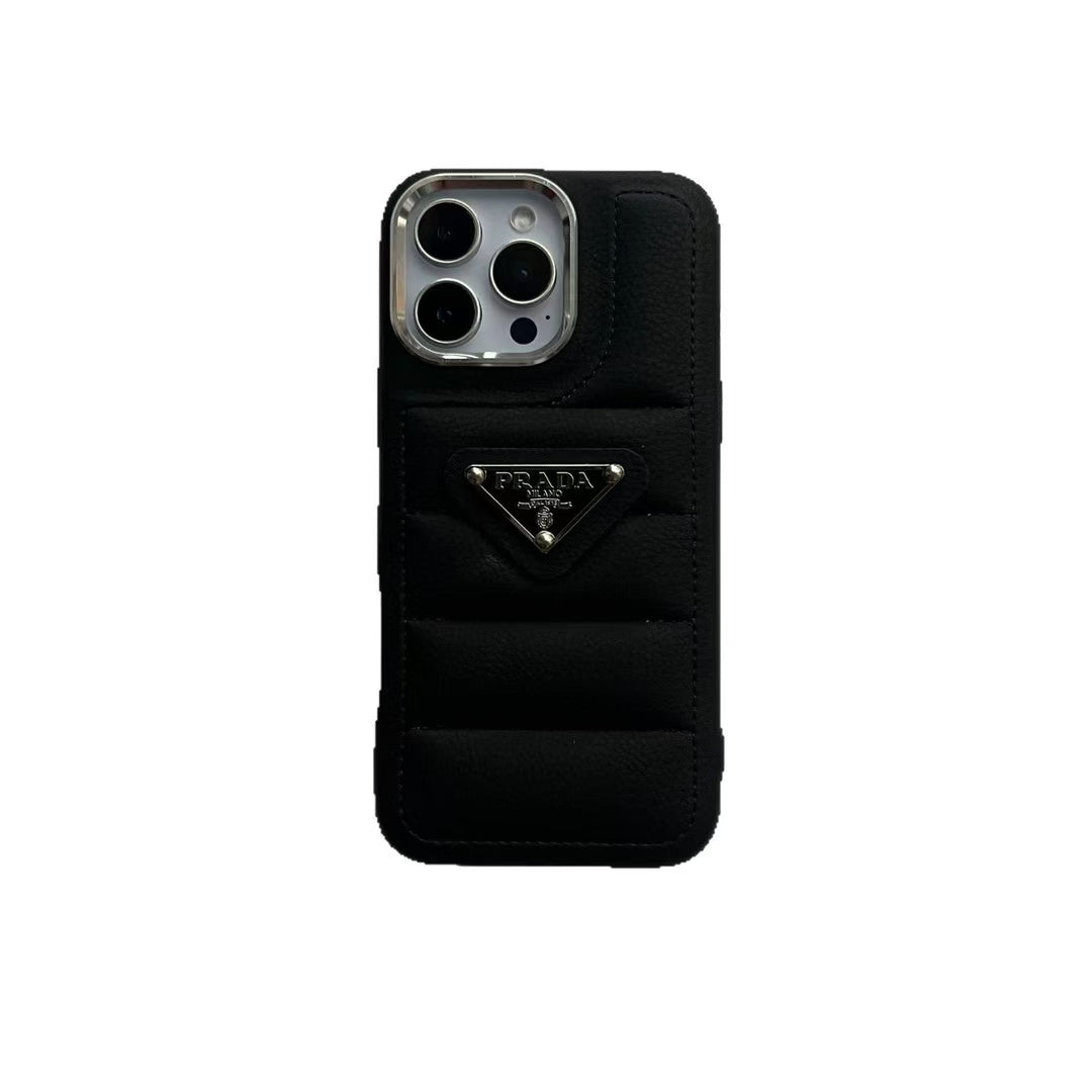 Prada Elegant Metal Monogram Diamond-Quilted Lambskim Leather Apple iPhone Case